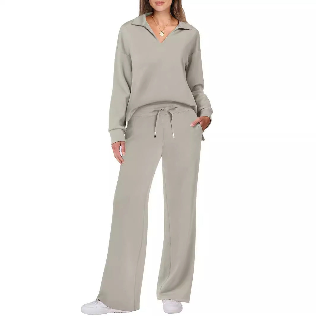 Modischer Damen-Zweiteiler für Herbst & Winter – Casual Sportsuit mit langärmeligem V-Neck-Sweatshirt und weit geschnittener Hose