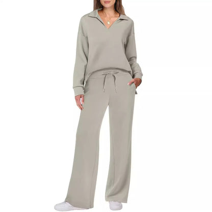 Modischer Damen-Zweiteiler für Herbst & Winter – Casual Sportsuit mit langärmeligem V-Neck-Sweatshirt und weit geschnittener Hose