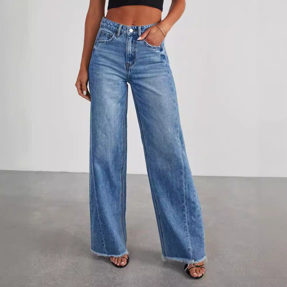 Damen-Jeans mit weitem Bein in lockerer Passform – seitliche Naht-Einsätze (Splicing) und gebürsteter Saum
