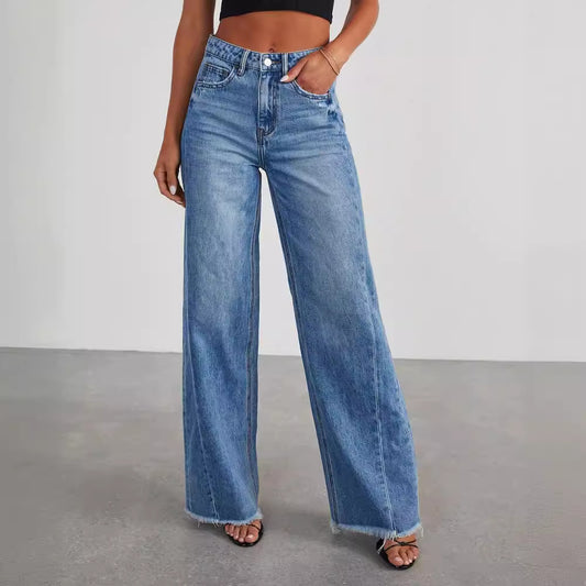Damen-Jeans mit weitem Bein in lockerer Passform – seitliche Naht-Einsätze (Splicing) und gebürsteter Saum