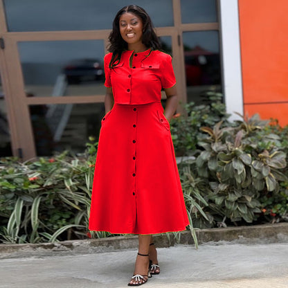 Set: Elegantes Rundhals-Kurzarm-Top & hoch taillierter Rock (mit Knopfleiste)