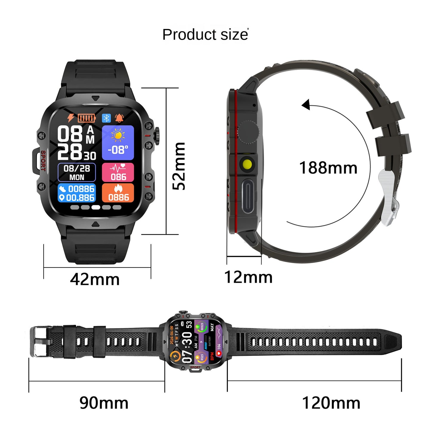 Smart Sports Outdoor Smartwatch / Fitness-Tracker H19 – mit Herzfrequenzmessung, Schrittzähler und Schlaftracking; Bluetooth-Anrufe, kompatibel mit iOS.