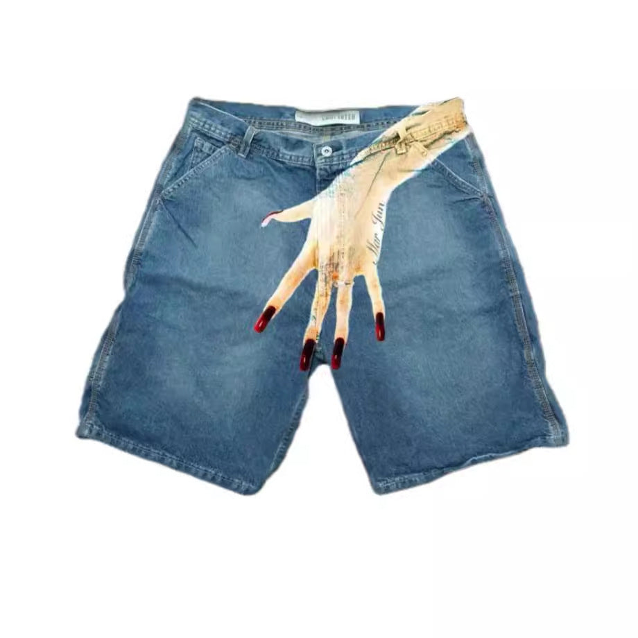Y2K Hip-Hop Denim-Shorts mit Print für Herren im Europa-/US-Style – High-Street-Style, auch als Couple-Look geeignet, lässige 5/4-Hose