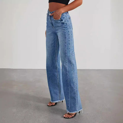 Damen-Jeans mit weitem Bein in lockerer Passform – seitliche Naht-Einsätze (Splicing) und gebürsteter Saum