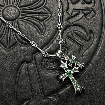 Punk-/Hip-Hop-Halskette im Thai-Silver-Look, 22K Weißgold-plattiert, mit doppeltem Kreuz und farbigen Strass-/Diamant-Optik-Steinen – Sweater Chain / Pulloverkette.