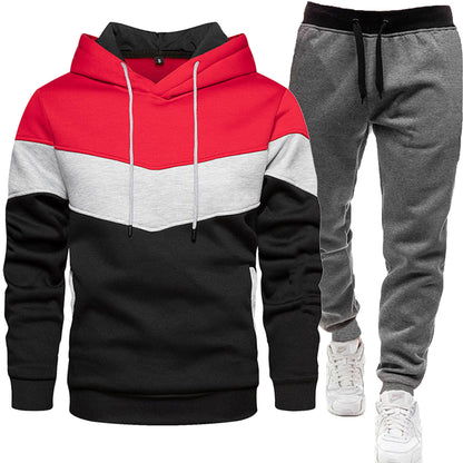 Herren-Zweiteiler (Hoodie + Hose) im Colorblock-Design – sportlich & casual, Patchwork Kapuzenpullover für Frühling/Herbst mit langer Hose