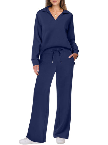 Modischer Damen-Zweiteiler für Herbst & Winter – Casual Sportsuit mit langärmeligem V-Neck-Sweatshirt und weit geschnittener Hose
