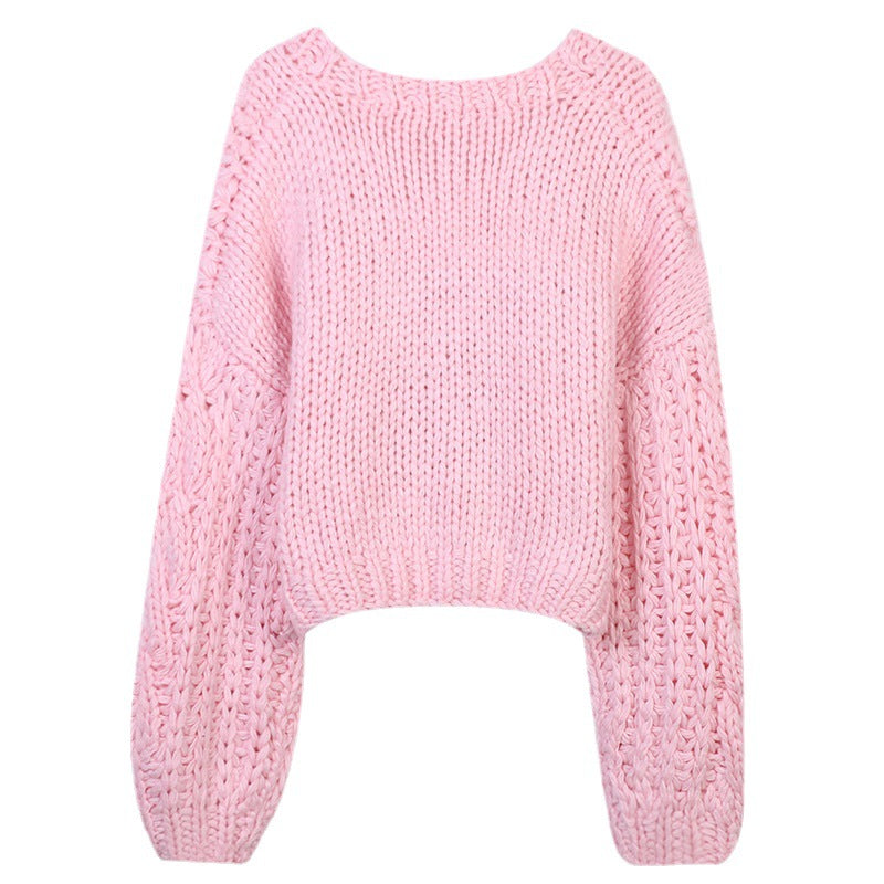 Damen-Strickjacke – langärmelig, V-Ausschnitt, Pink, grob gestrickt mit Cut-outs, locker geschnittene Cardigan-Jacke