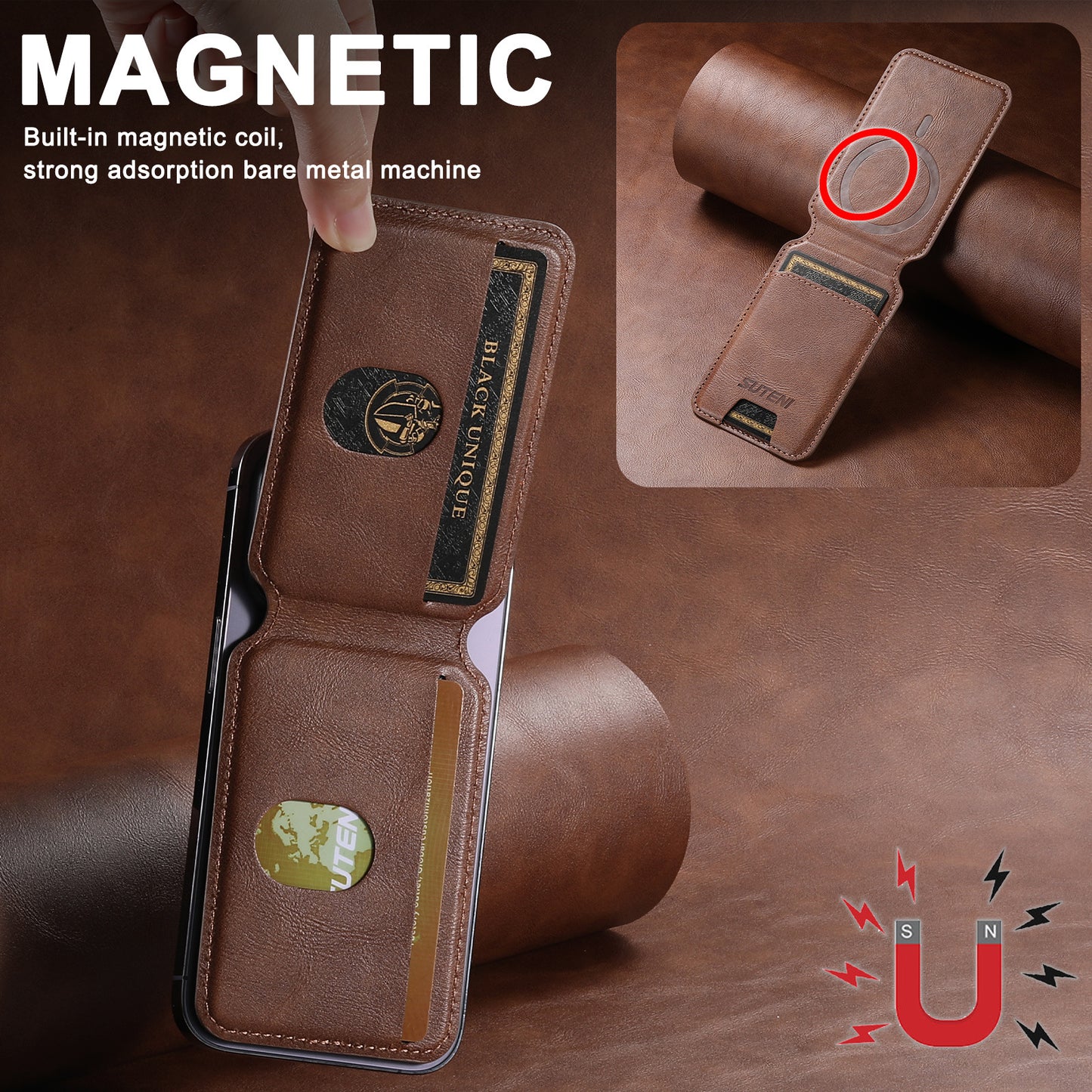 MagSafe-kompatibler Magnet-Kartenhalter – PU-Leder, Magnetring, für iPhone 15 Pro Max & Android
