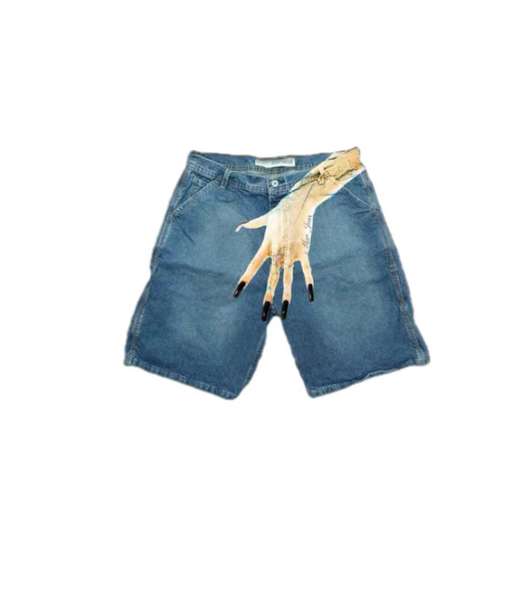 Y2K Hip-Hop Denim-Shorts mit Print für Herren im Europa-/US-Style – High-Street-Style, auch als Couple-Look geeignet, lässige 5/4-Hose