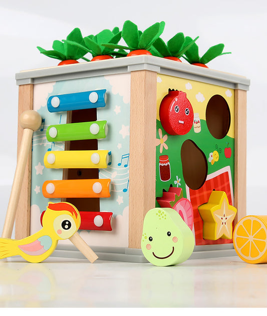 Multifunktionale Holz-Schatzkiste für Kinder (Frucht-Design) – Zieh-Radieschen, Insektenfang-Spiel & Frühförder-Puzzle, Lernspielzeug aus Holz
