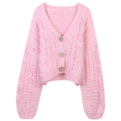 Damen-Strickjacke – langärmelig, V-Ausschnitt, Pink, grob gestrickt mit Cut-outs, locker geschnittene Cardigan-Jacke