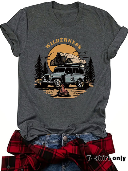 Kurzarm-T-Shirt „WILDERNESS“ – Camping & Fahrzeug-Motiv