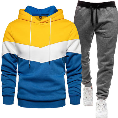 Herren-Zweiteiler (Hoodie + Hose) im Colorblock-Design – sportlich & casual, Patchwork Kapuzenpullover für Frühling/Herbst mit langer Hose
