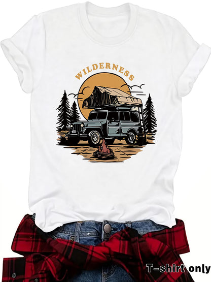 Kurzarm-T-Shirt „WILDERNESS“ – Camping & Fahrzeug-Motiv