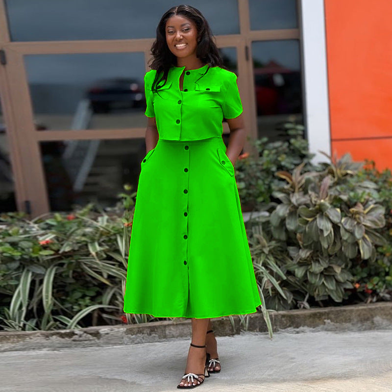 Set: Elegantes Rundhals-Kurzarm-Top & hoch taillierter Rock (mit Knopfleiste)