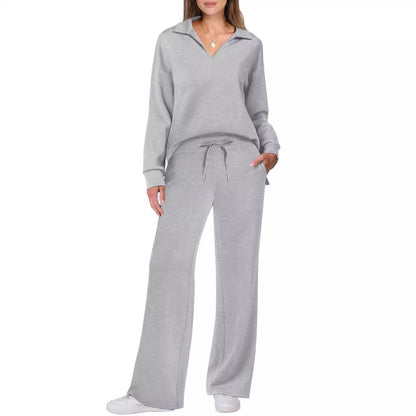 Modischer Damen-Zweiteiler für Herbst & Winter – Casual Sportsuit mit langärmeligem V-Neck-Sweatshirt und weit geschnittener Hose