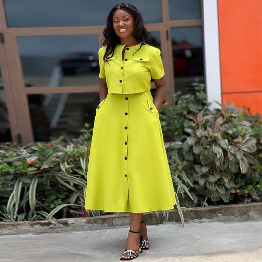 Set: Elegantes Rundhals-Kurzarm-Top & hoch taillierter Rock (mit Knopfleiste)