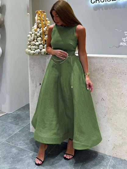 Elegantes grünes Damenkleid – modisches, ärmelloses Rundhalskleid im neuen Casual-Style, mit hoher Taille und A-Linien-Schnitt (mid waist)