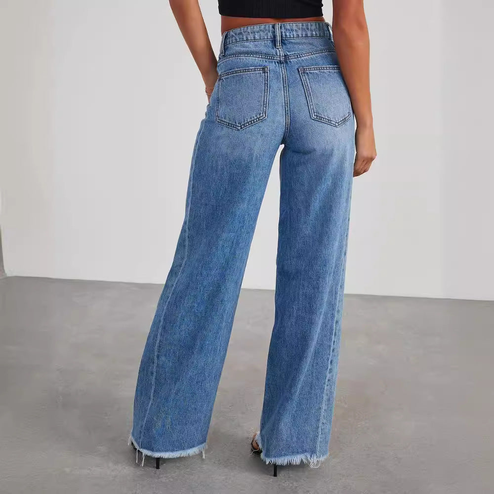 Damen-Jeans mit weitem Bein in lockerer Passform – seitliche Naht-Einsätze (Splicing) und gebürsteter Saum