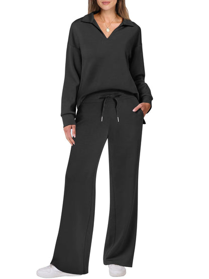 Modischer Damen-Zweiteiler für Herbst & Winter – Casual Sportsuit mit langärmeligem V-Neck-Sweatshirt und weit geschnittener Hose