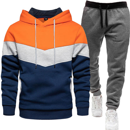Herren-Zweiteiler (Hoodie + Hose) im Colorblock-Design – sportlich & casual, Patchwork Kapuzenpullover für Frühling/Herbst mit langer Hose