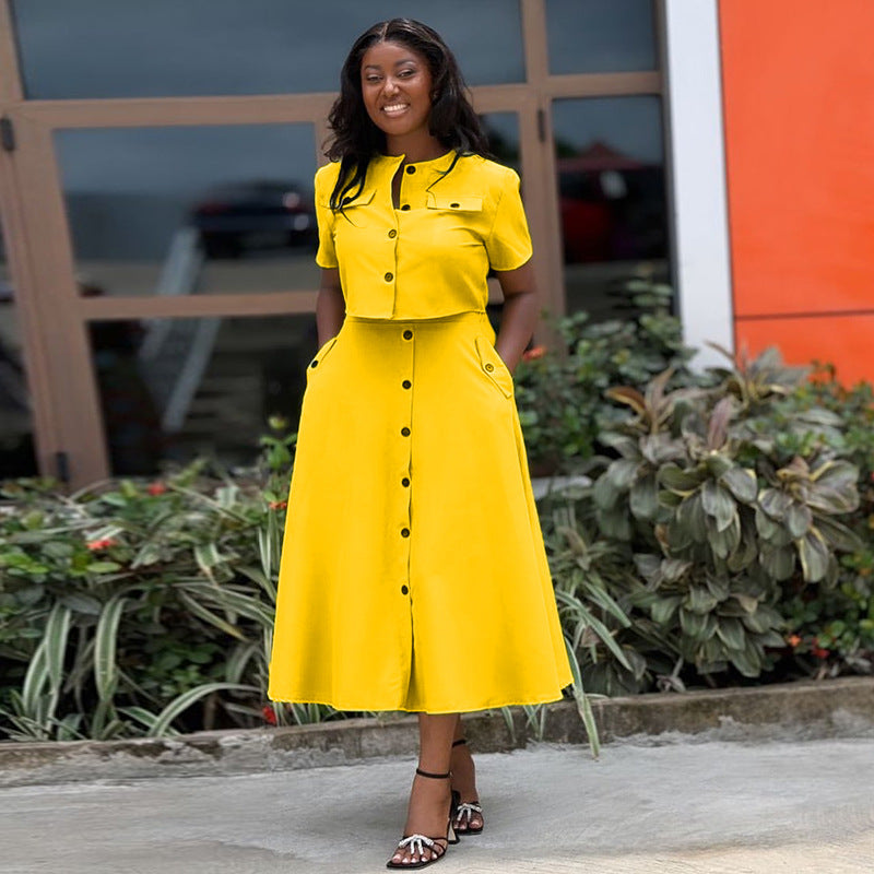 Set: Elegantes Rundhals-Kurzarm-Top & hoch taillierter Rock (mit Knopfleiste)