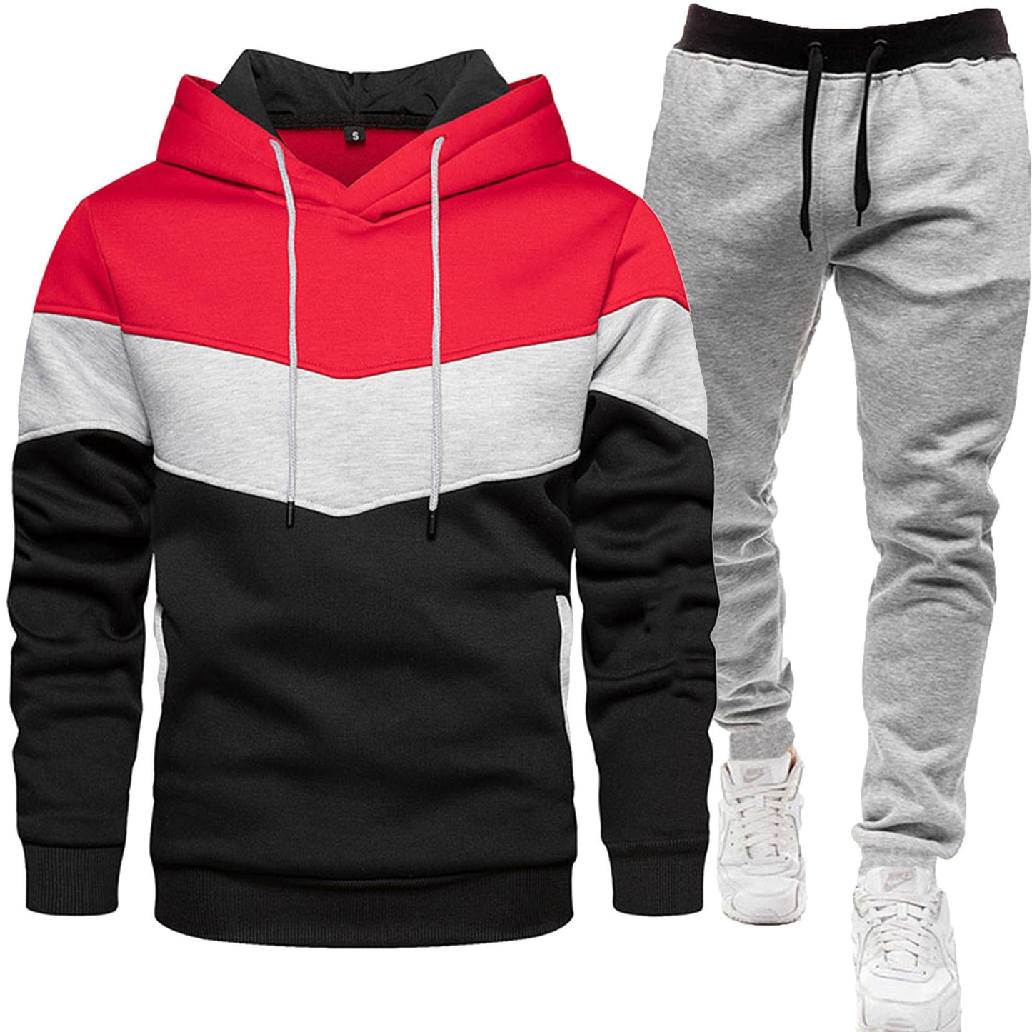 Herren-Zweiteiler (Hoodie + Hose) im Colorblock-Design – sportlich & casual, Patchwork Kapuzenpullover für Frühling/Herbst mit langer Hose