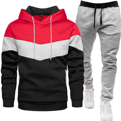 Herren-Zweiteiler (Hoodie + Hose) im Colorblock-Design – sportlich & casual, Patchwork Kapuzenpullover für Frühling/Herbst mit langer Hose