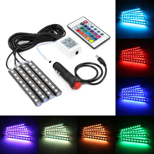 9-teiliges Auto-RGB-LED-Strip-Light-Set – mehrfarbige LED-Lichtstreifen für Auto-Styling und dekorative Ambientebeleuchtung im Innenraum, inkl. Fernbedienung.