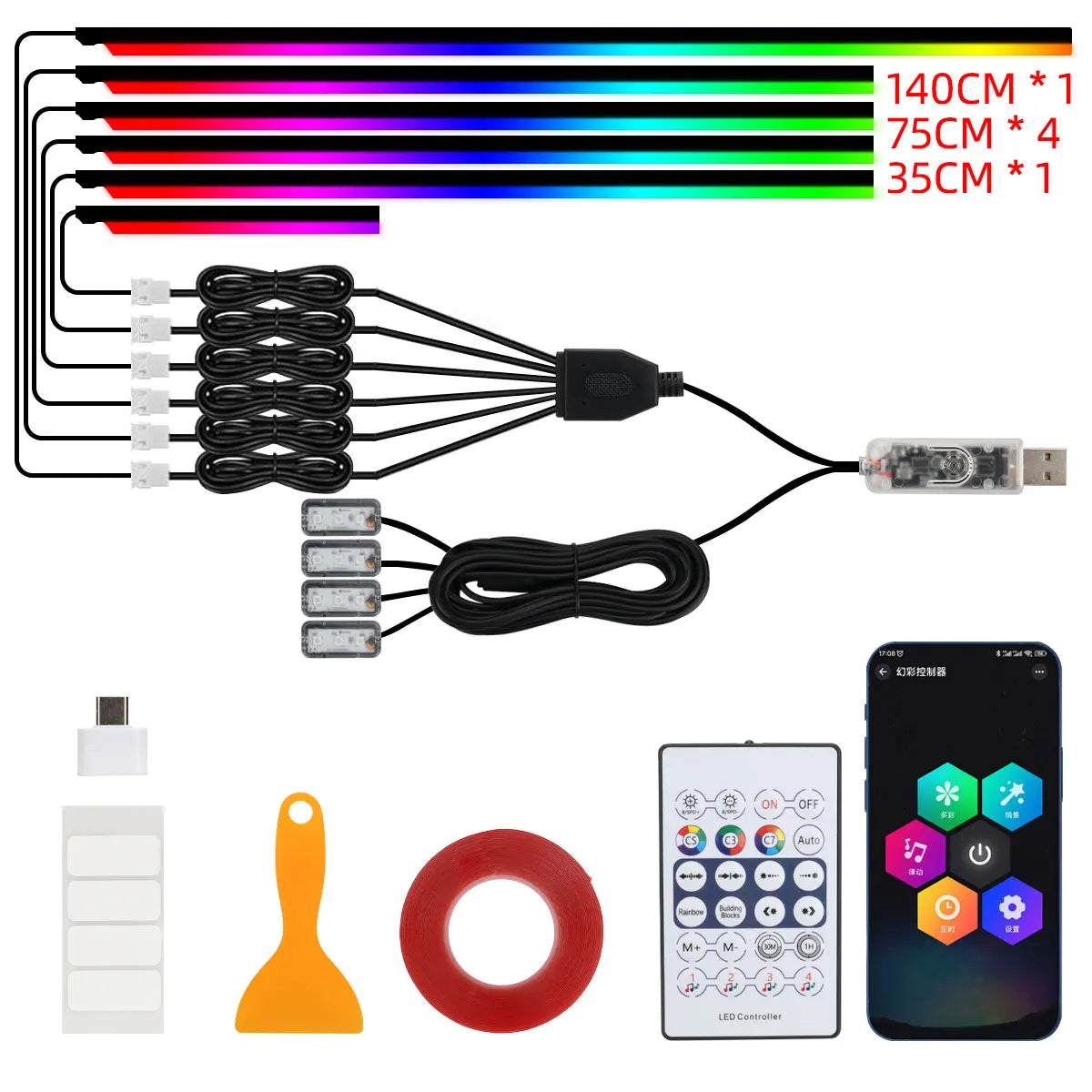 10-in-1 Auto-LED-Acryl-Lichtstreifen (RGB Symphony) – Innenraum-Lichtleisten fürs Auto mit Fernbedienung/App-Steuerung; dekorative Ambientebeleuchtung / Atmosphärenlampe.