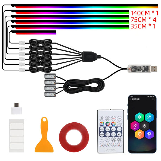 10-in-1 Auto-LED-Acryl-Lichtstreifen (RGB Symphony) – Innenraum-Lichtleisten fürs Auto mit Fernbedienung/App-Steuerung; dekorative Ambientebeleuchtung / Atmosphärenlampe.