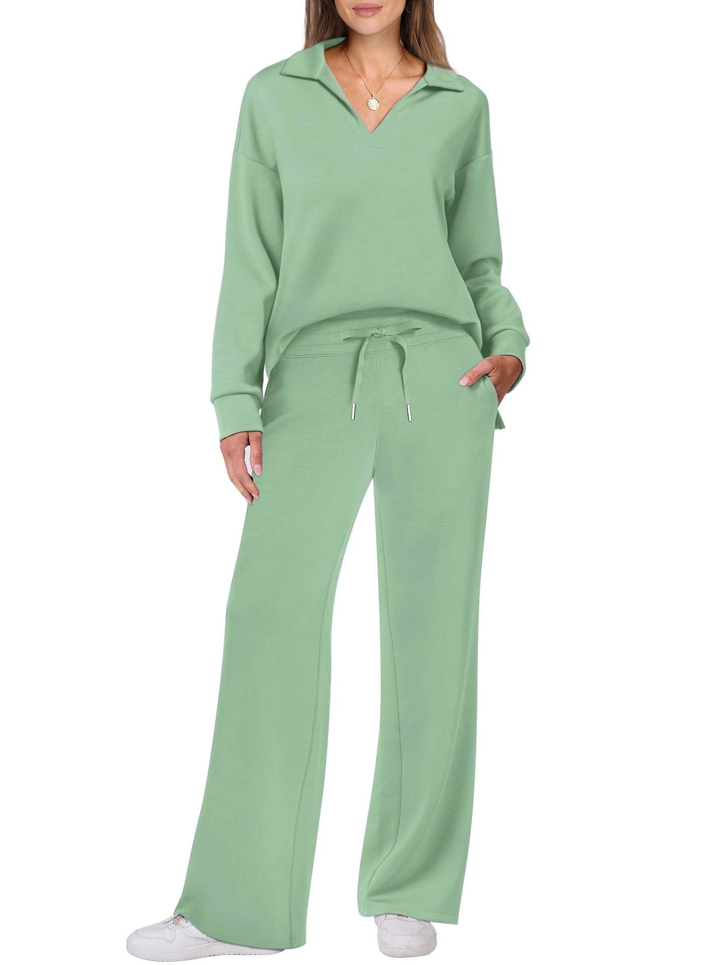 Modischer Damen-Zweiteiler für Herbst & Winter – Casual Sportsuit mit langärmeligem V-Neck-Sweatshirt und weit geschnittener Hose