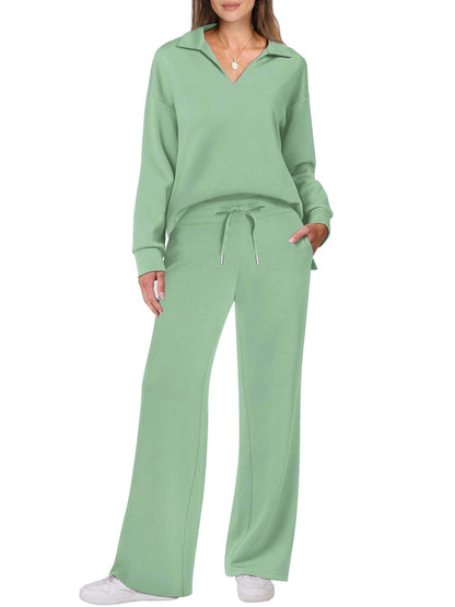 Modischer Damen-Zweiteiler für Herbst & Winter – Casual Sportsuit mit langärmeligem V-Neck-Sweatshirt und weit geschnittener Hose