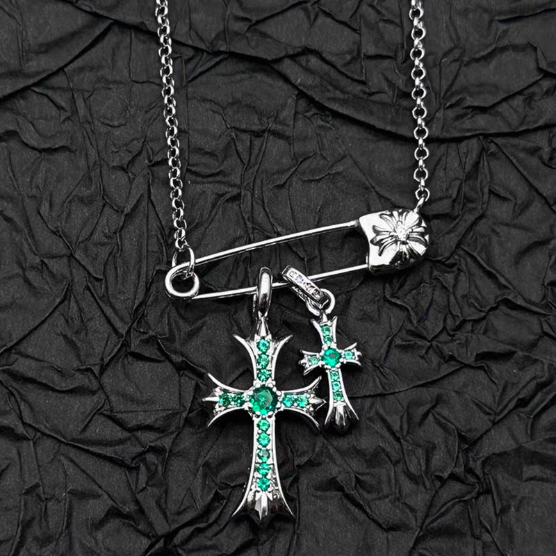 Doppelkreuz-Halskette mit Strassstein-Pin – 925 Silber plattiert, weißgoldfarben, für Damen und Herren; europäisch-amerikanischer Stil, einzigartiges Design mit hochwertigem, edlem Look.