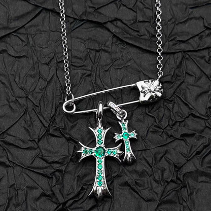 Doppelkreuz-Halskette mit Strassstein-Pin – 925 Silber plattiert, weißgoldfarben, für Damen und Herren; europäisch-amerikanischer Stil, einzigartiges Design mit hochwertigem, edlem Look.