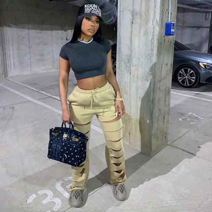 Neue Herbst-Hose mit hoher Taille, Destroyed-Details (Risse), lässig, locker geschnitten, mit tailliertem Bund und weitem Bein