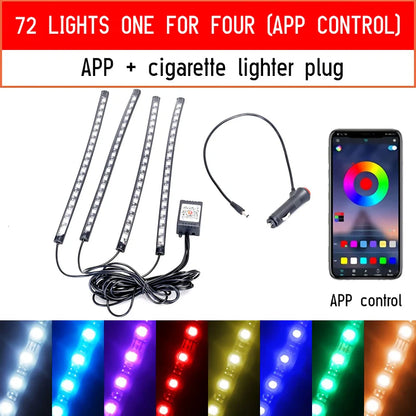 LED-Auto-Fußraum-Ambientebeleuchtung mit USB-/Zigarettenanzünder-Anschluss – RGB-Innenraumbeleuchtung mit Musiksteuerung, App-Control und Hintergrundbeleuchtung; dekorative Atmosphäre-Leuchten fürs Auto.