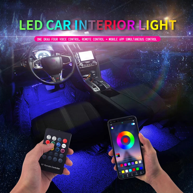 LED-Auto-Fußraum-Ambientebeleuchtung mit USB-/Zigarettenanzünder-Anschluss – RGB-Innenraumbeleuchtung mit Musiksteuerung, App-Control und Hintergrundbeleuchtung; dekorative Atmosphäre-Leuchten fürs Auto.