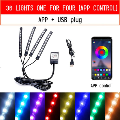 LED-Auto-Fußraum-Ambientebeleuchtung mit USB-/Zigarettenanzünder-Anschluss – RGB-Innenraumbeleuchtung mit Musiksteuerung, App-Control und Hintergrundbeleuchtung; dekorative Atmosphäre-Leuchten fürs Auto.