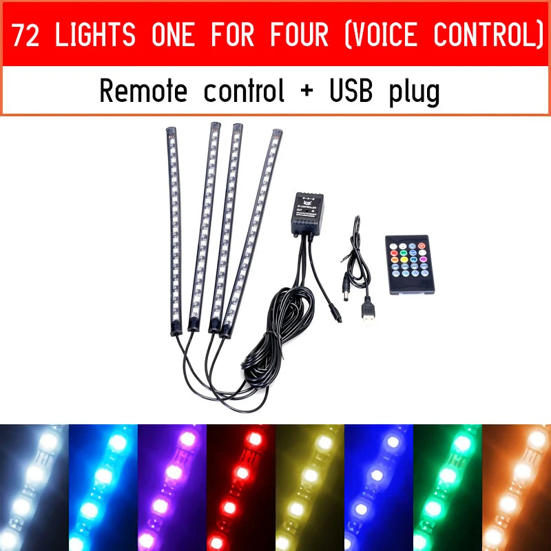 LED-Auto-Fußraum-Ambientebeleuchtung mit USB-/Zigarettenanzünder-Anschluss – RGB-Innenraumbeleuchtung mit Musiksteuerung, App-Control und Hintergrundbeleuchtung; dekorative Atmosphäre-Leuchten fürs Auto.
