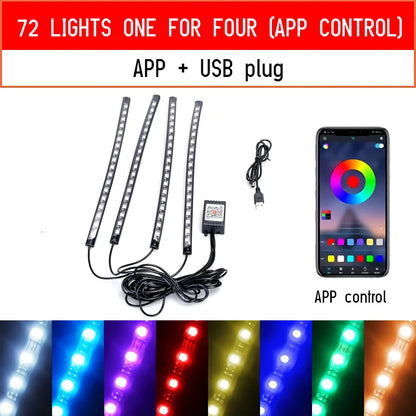 LED-Auto-Fußraum-Ambientebeleuchtung mit USB-/Zigarettenanzünder-Anschluss – RGB-Innenraumbeleuchtung mit Musiksteuerung, App-Control und Hintergrundbeleuchtung; dekorative Atmosphäre-Leuchten fürs Auto.