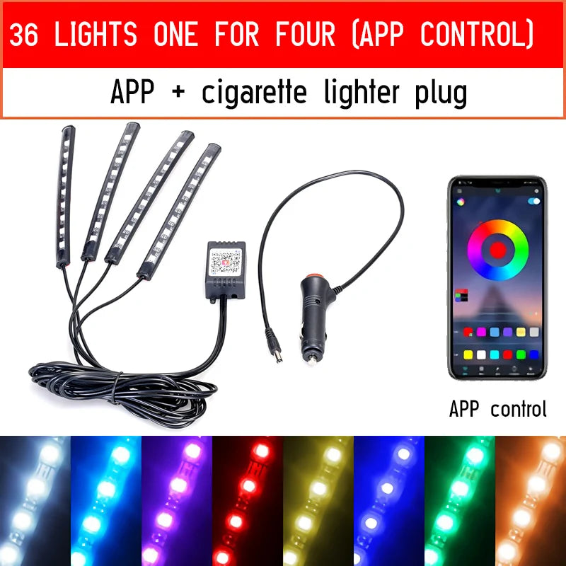LED-Auto-Fußraum-Ambientebeleuchtung mit USB-/Zigarettenanzünder-Anschluss – RGB-Innenraumbeleuchtung mit Musiksteuerung, App-Control und Hintergrundbeleuchtung; dekorative Atmosphäre-Leuchten fürs Auto.
