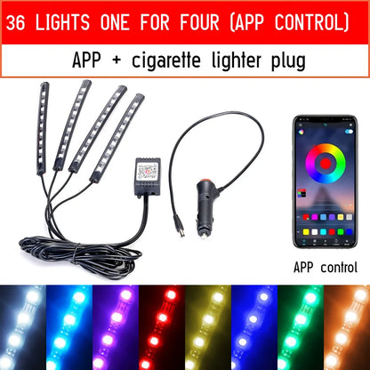 LED-Auto-Fußraum-Ambientebeleuchtung mit USB-/Zigarettenanzünder-Anschluss – RGB-Innenraumbeleuchtung mit Musiksteuerung, App-Control und Hintergrundbeleuchtung; dekorative Atmosphäre-Leuchten fürs Auto.